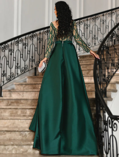 Sheath Mermaid Court Train Party Dress Long Sleeve Jewel Neck Satin Prom Dress with Rhinestone Appliques