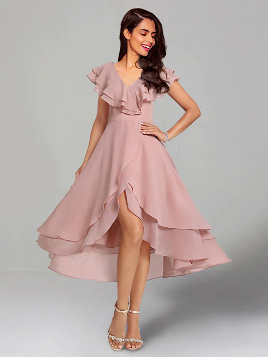 A-Line Wedding Guest Dresses Elegant Dress Cocktail Party Tea Length Short Sleeve V Neck Chiffon with Slit