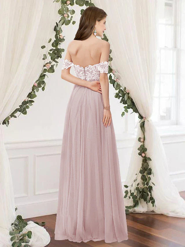 A-Line Bridesmaid Dress Off Shoulder Sleeveless Elegant Floor Length Chiffon / Lace with Pleats / Appliques