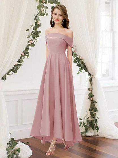 A-Line Bridesmaid Dress Off Shoulder Sleeveless Elegant Floor Length Chiffon with Pleats