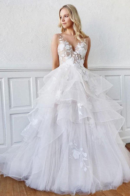 V Neck Ball Gown Wedding Dresses Layered Skirt Wedding Dress