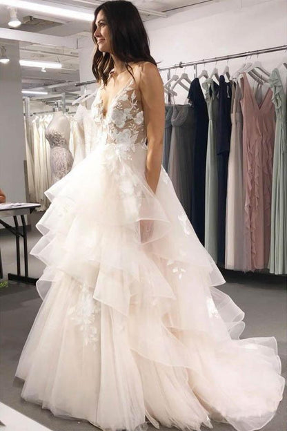 V Neck Ball Gown Wedding Dresses Layered Skirt Wedding Dress