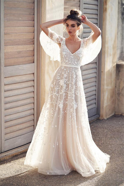 V Neck Beach Wedding Dresses with Lace Appliques