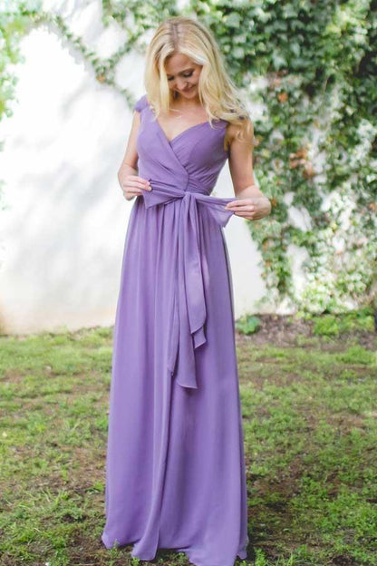 V-Neck Cap Sleeves Lace-Up Purple Long Chiffon Bridesmaid Dress