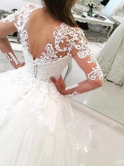 V-Neck Long Sleeves Appliques Watteau Train Wedding Dress