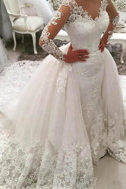 V-Neck Long Sleeves Appliques Watteau Train Wedding Dress