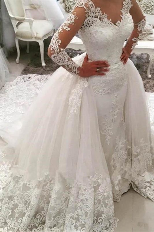 V-Neck Long Sleeves Appliques Watteau Train Wedding Dress