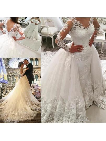 V-Neck Long Sleeves Appliques Watteau Train Wedding Dress