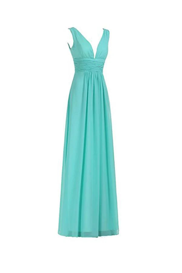 Simple Chiffon Long Prom Dresses V Neck Formal Bridesmaid Dresses