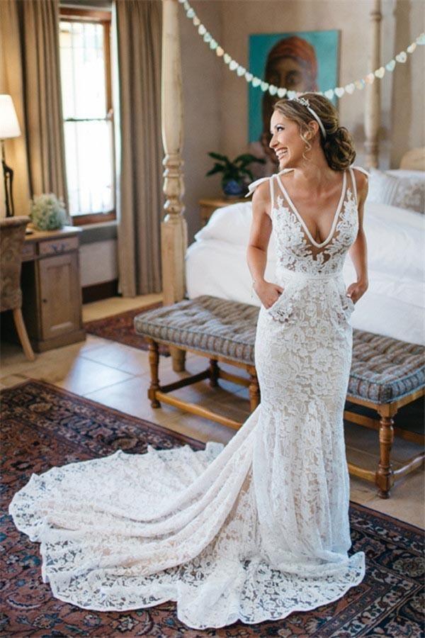 V-Neck Sleeveless Ruched Backless Lace Wedding Dress With Court Train