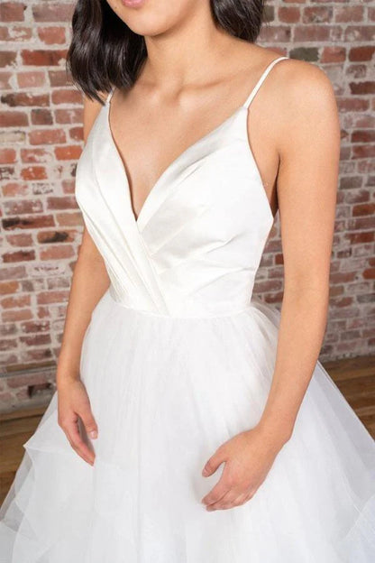 V-neck Straps Floor Length White Satin Wedding Dress with Ruffless