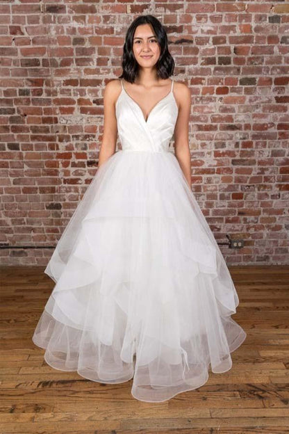 V-neck Straps Floor Length White Satin Wedding Dress with Ruffless