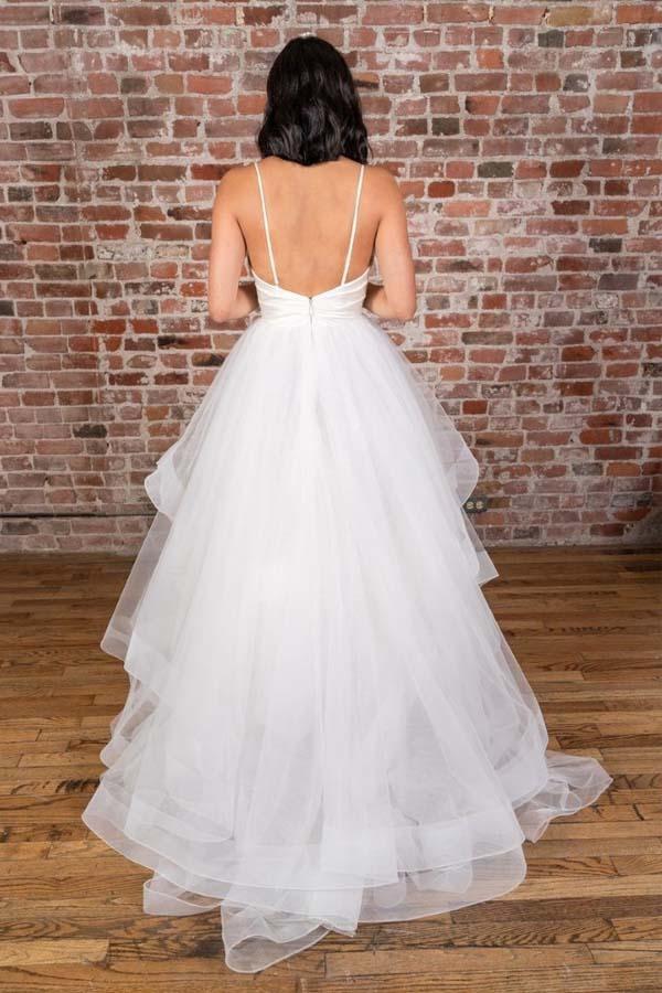 V-neck Straps Floor Length White Satin Wedding Dress with Ruffless