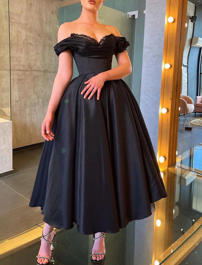 December Wedding Guest Dress A-Line Elegant Dress Masquerade Wedding Party Tea Length Short Sleeve Off Shoulder Fall Wedding Guest Satin with Ruched Prom Dresses