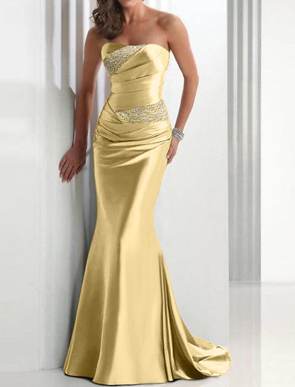 Sheath Mermaid Formal Evening Dress Strapless Wedding Guest Sleeveless Brush Train Satin Prom Dress with Crystals