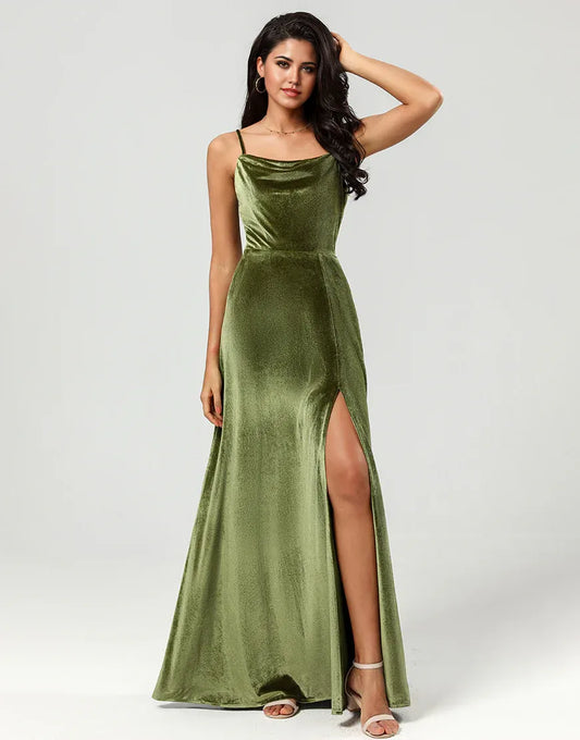 Velvet A Line Green Spaghetti Strap Bridesmaid Dress with Slit