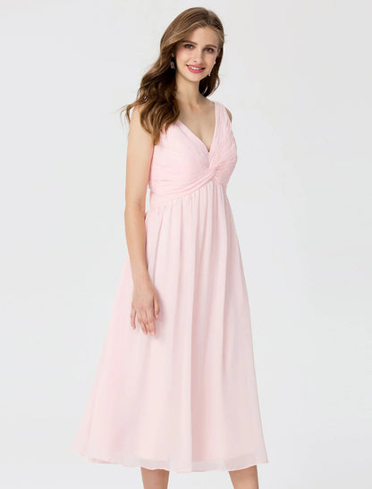 Ball Gown / A-Line V Neck Tea Length Chiffon Bridesmaid Dress with Criss Cross / Beading