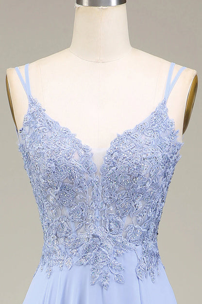 Lavender A-Line V-Neck Spaghetti Straps Lace-Up Back Long Appliques Prom Dress with Slit