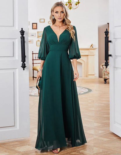 Dark Green A-line Long Sleeves Pleats V-neck Mother of Bride Dress