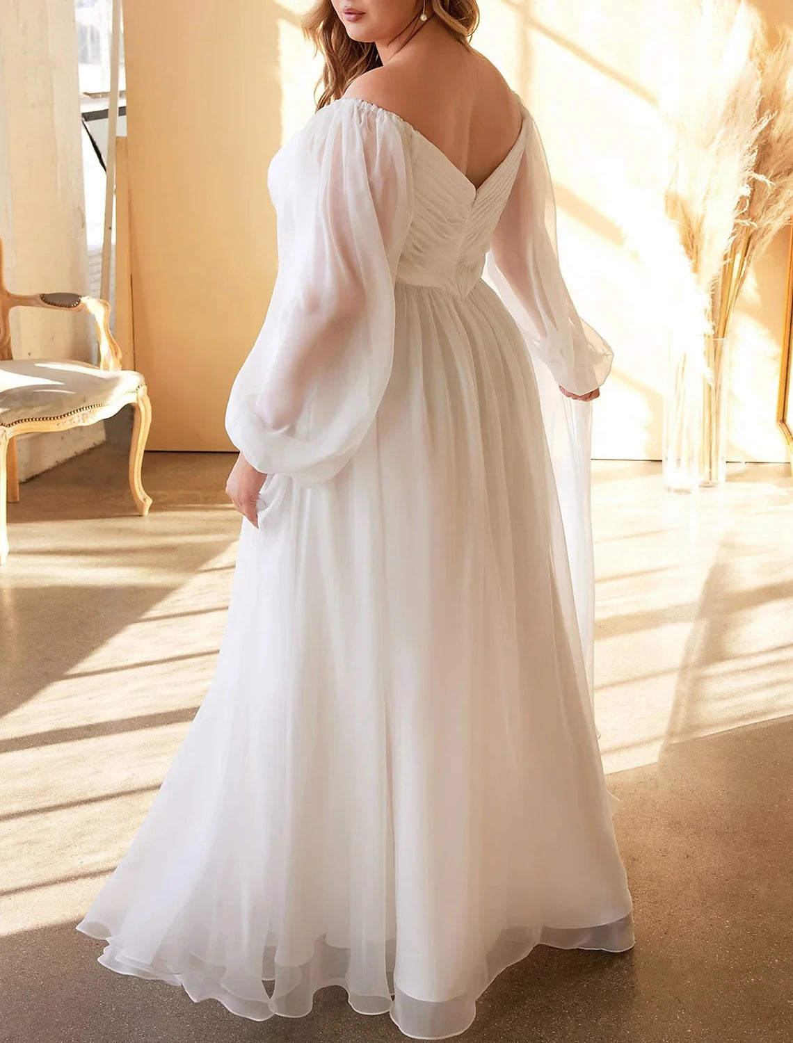 Fall November Wedding Dresses A-Line Off Shoulder Long Sleeve Floor Length Chiffon Pleats Solid Color Beach Casual Plus Size Bridal Gowns