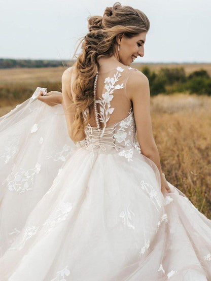Vintage Lace Scoop Neckline A Line Tulle Wedding Bridal Dress