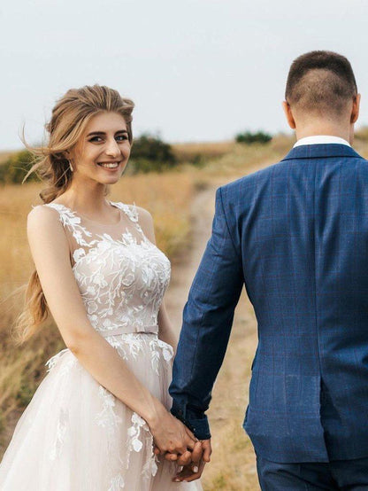 Vintage Lace Scoop Neckline A Line Tulle Wedding Bridal Dress