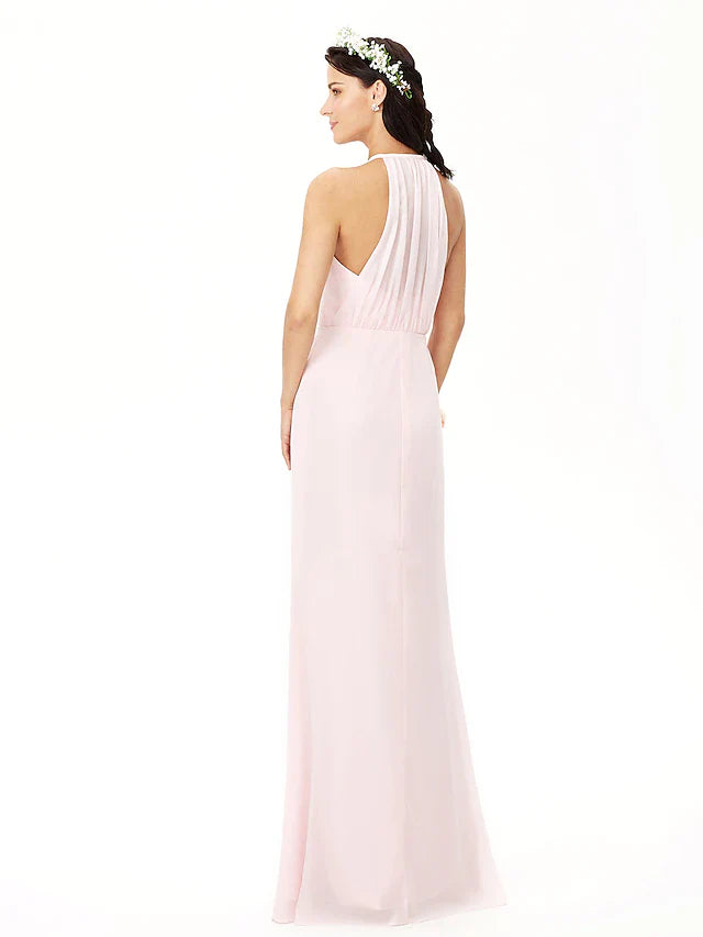 Sheath / Column Bridesmaid Dress Jewel Neck Sleeveless Elegant Floor Length Chiffon with Pleats