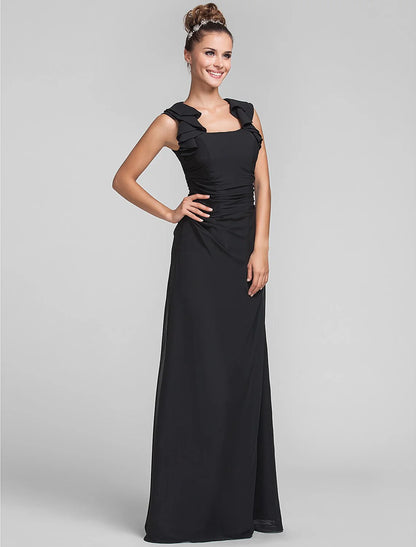 Sheath / Column Square Neck Floor Length Chiffon Bridesmaid Dress with Ruffles