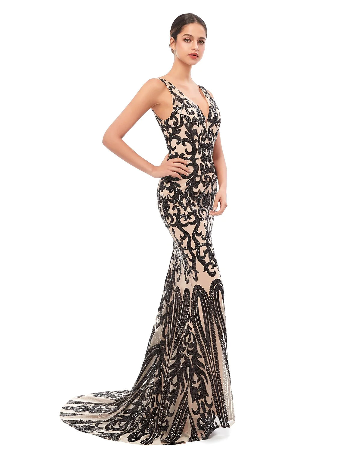 Mermaid / Trumpet Evening Gown Celebrity Style Dress Prom Court Train Sleeveless V Neck Tulle with Sequin