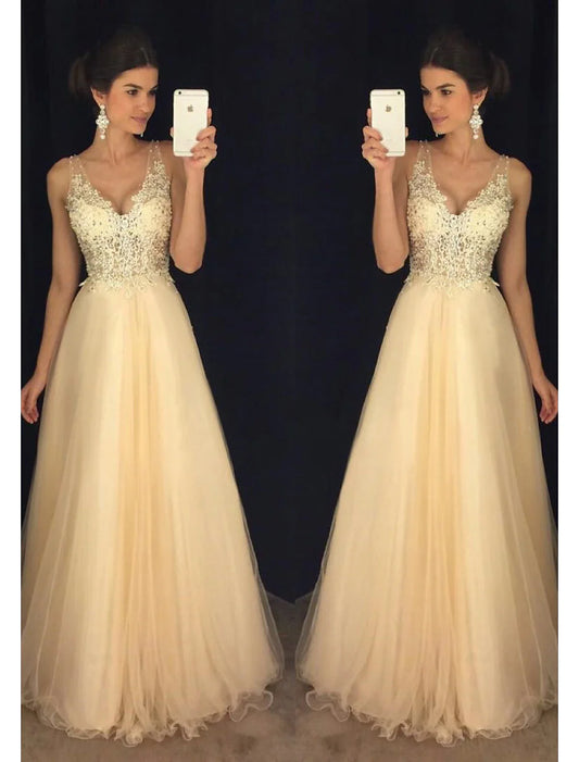 A-Line Prom Dresses Sparkle & Shine Dress Formal Floor Length Sleeveless V Neck Tulle V Back with Beading Appliques