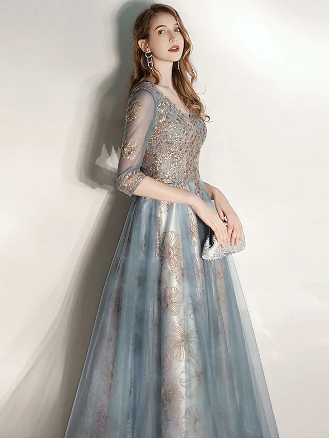 A-Line Prom Dresses Elegant Dress Engagement Floor Length Half Sleeve V Neck Tulle with Pleats Pattern / Print Appliques