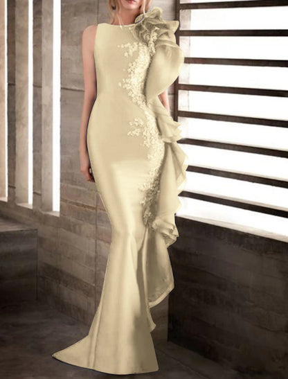 Sheath Mermaid Trumpet Formal Evening Gown Sleeveless Jewel Neck Satin Prom Dress with Appliques