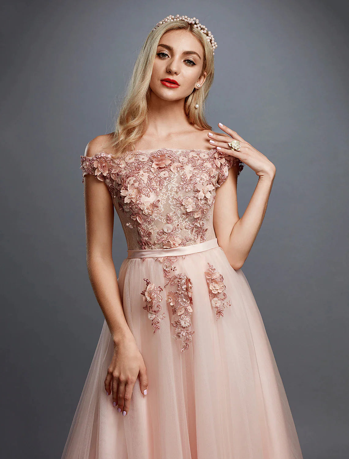 A-Line Floral Dress Wedding Guest Sweep / Brush Train Sleeveless Off Shoulder Tulle Over Lace with Appliques