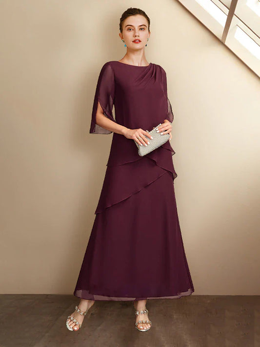 A-Line Mother of the Bride Dress Plus Size Elegant Jewel Neck Ankle Length Chiffon Half Sleeve with Ruffles Side-Draped