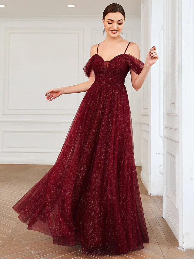 A-Line Bridesmaid Dress Spaghetti Strap / Off Shoulder Short Sleeve Elegant Floor Length Tulle with Draping / Ruching / Solid Color