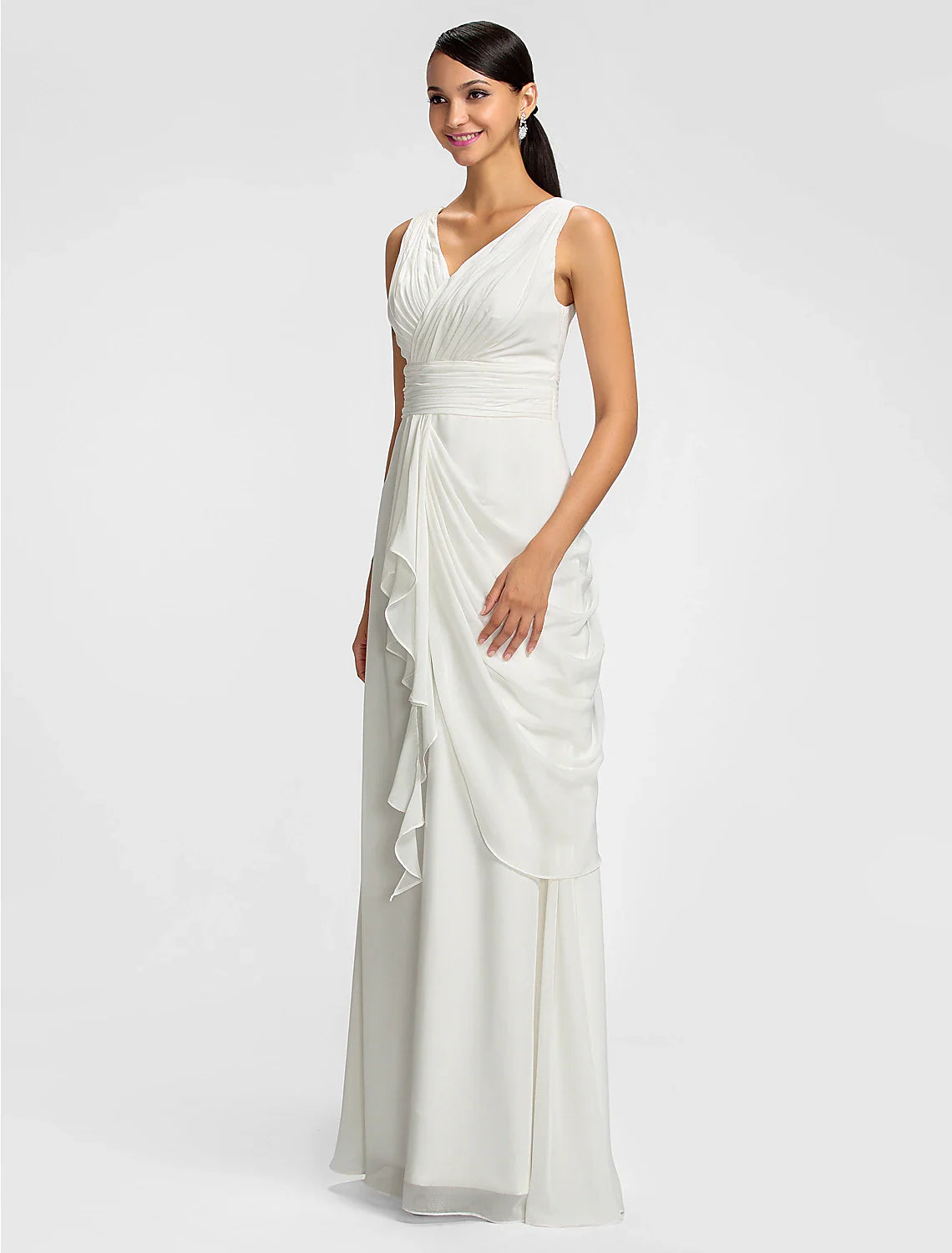 Sheath / Column V Neck Floor Length Chiffon Bridesmaid Dress with Draping / Sash / Ribbon