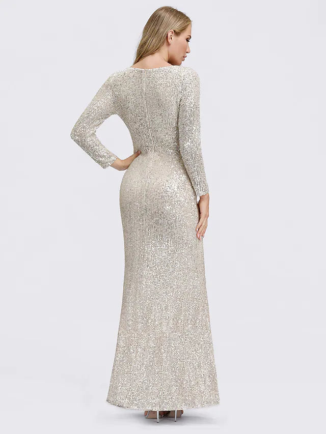 Sheath / Column Sexy Furcal Formal Evening Dress Plunging Neck Long Sleeve Floor Length Sequined with Sequin Split Front