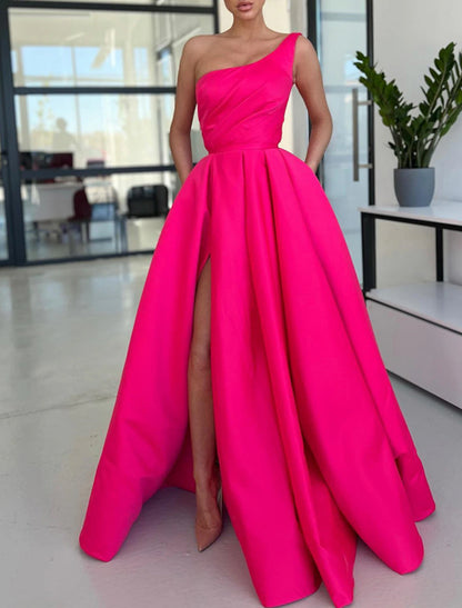 December Wedding Guest Dress A-Line Formal Wedding Guest Sweep / Brush Train Sleeveless One Shoulder Satin with Ruched Slit Prom Dresses