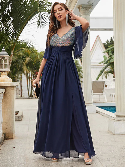 A-Line Wedding Guest Dresses Sparkle & Shine Dress Party Wear Floor Length Half Sleeve V Neck Chiffon with Crystals Ruffles