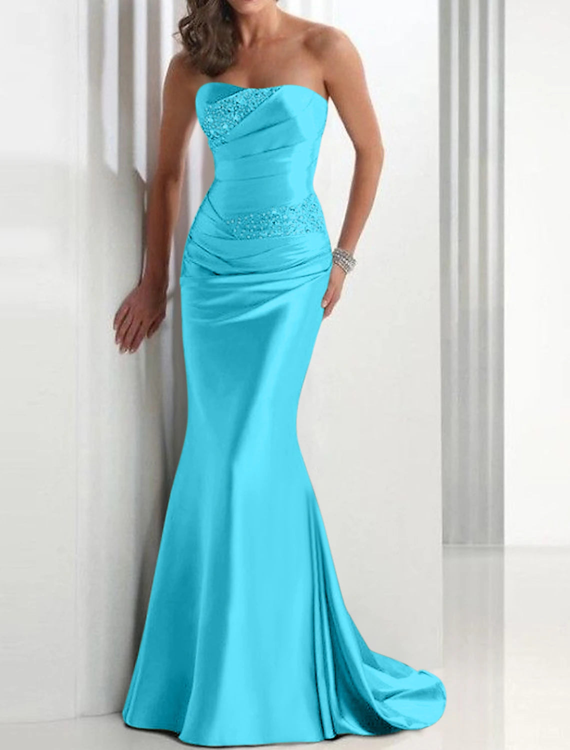 Sheath Mermaid Formal Evening Dress Strapless Wedding Guest Sleeveless Brush Train Satin Prom Dress with Crystals