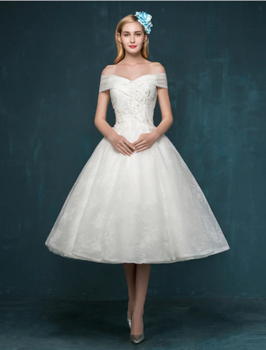 Bridal Dresses Wedding Dresses A-Line Off Shoulder Cap Sleeve Tea Length Lace Bridal Gowns With Beading Sequin