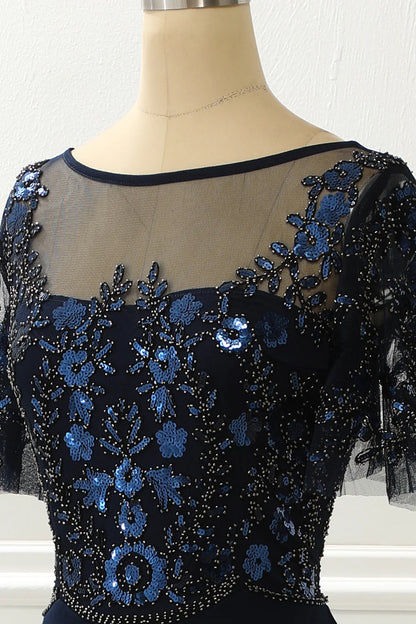 Navy Round Neck Sequin Mermaid Retract Your Waist Prom Dress With Beading