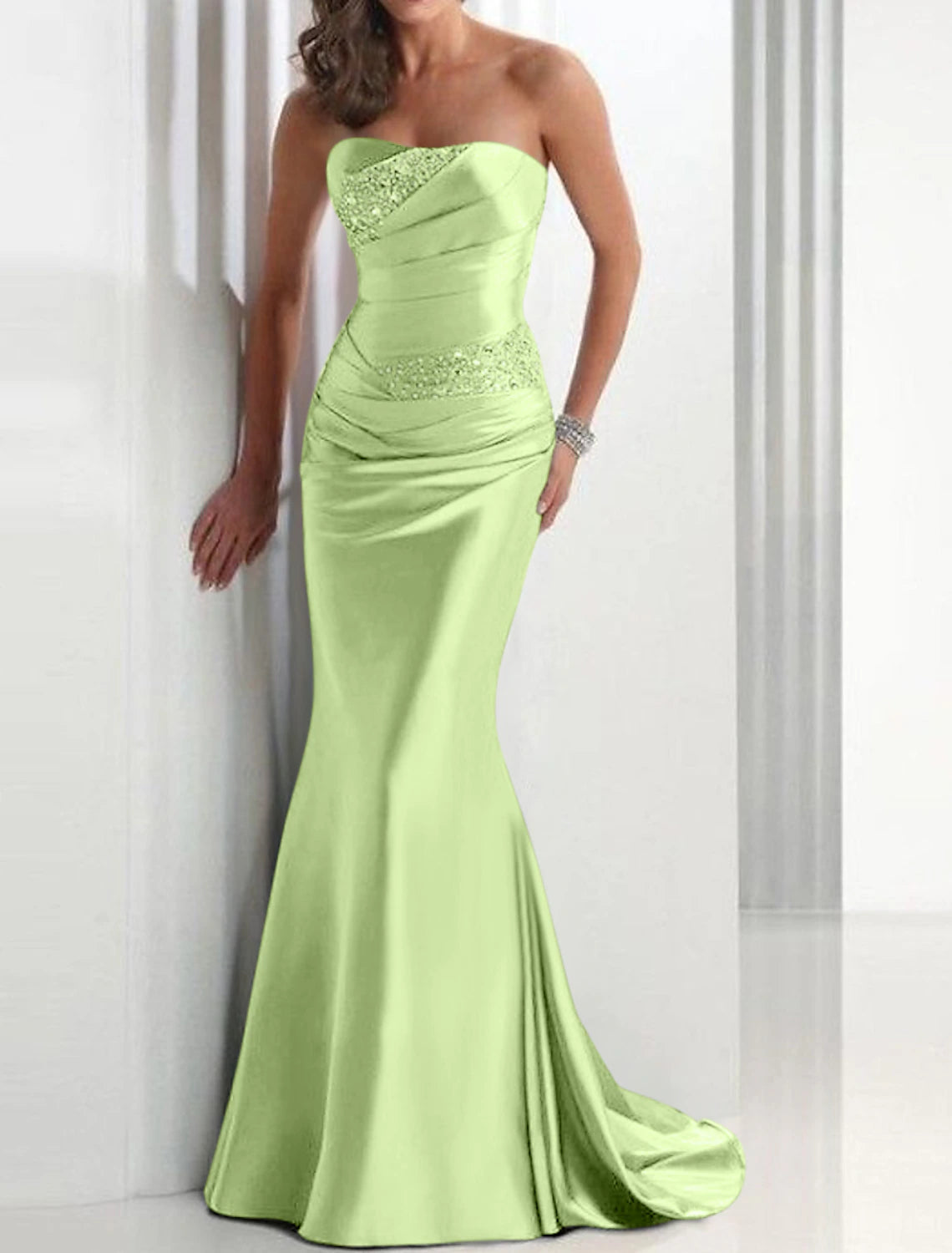 Sheath Mermaid Formal Evening Dress Strapless Wedding Guest Sleeveless Brush Train Satin Prom Dress with Crystals