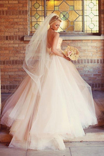 A-line Sweetheart Strapless Pink Long Tulle Wedding Dress