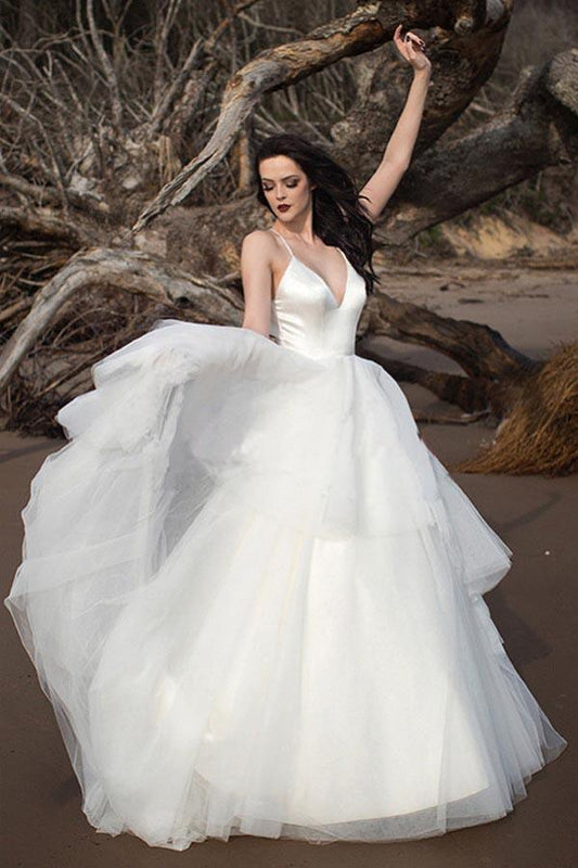 Classic Straps V Neck Ivory Long Bridal Gown Wedding Dresses
