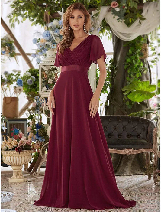 A-Line Evening Gown Empire Dress Wedding Guest Formal Evening Floor Length Short Sleeve V Neck Bridesmaid Dress Chiffon V Back with Ruffles Solid Color