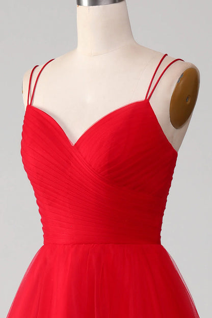 Red Spaghetti Strap Ball-Gown/Princess V-Neck Tulle Pleated Long Prom Dress