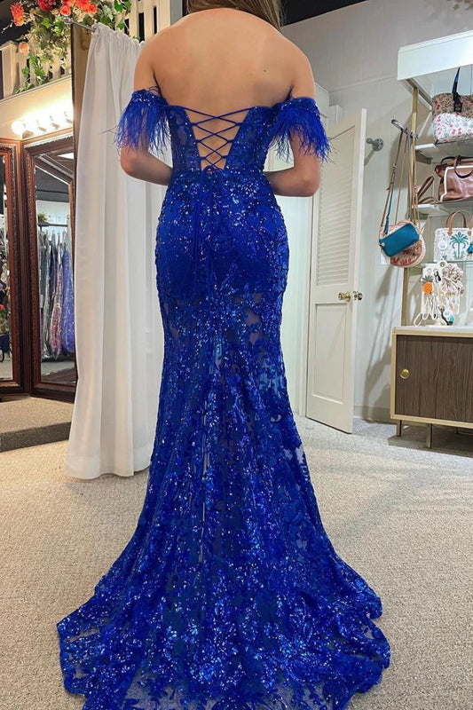 Off-the-Shoulder Sequin Applique Mermaid Long Dress with Slit
