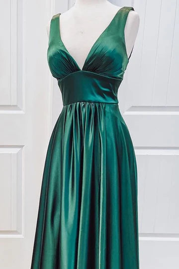 Satin V Neck Empire Pleated Bridesmaid Dress