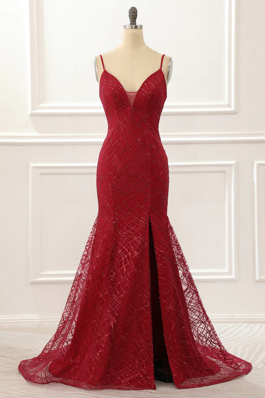 Dark Red Plunge V Spaghetti Strap Saprkly Mermaid Prom Dress With Slit